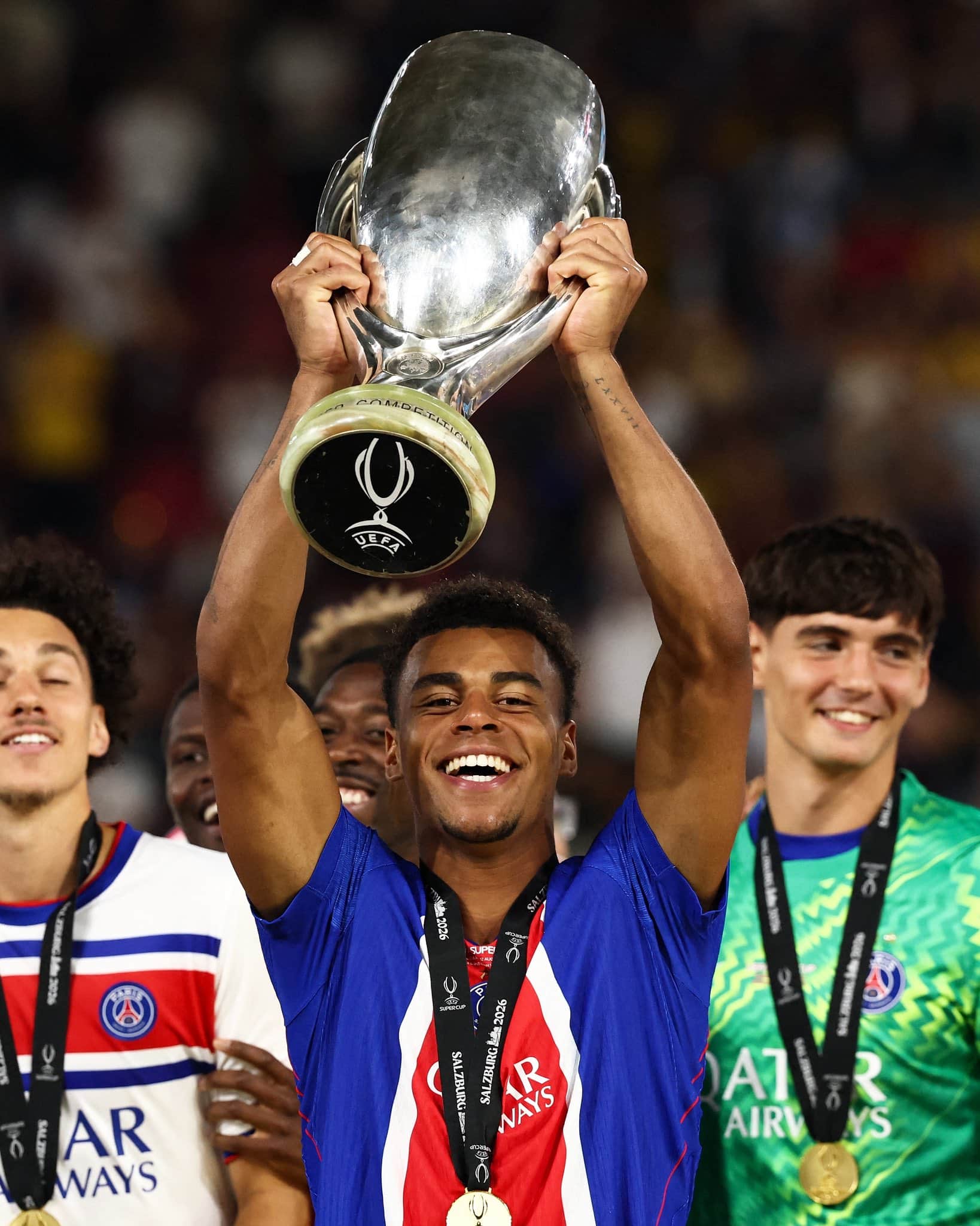 Desire Doue lifts the UEFA Super Cup