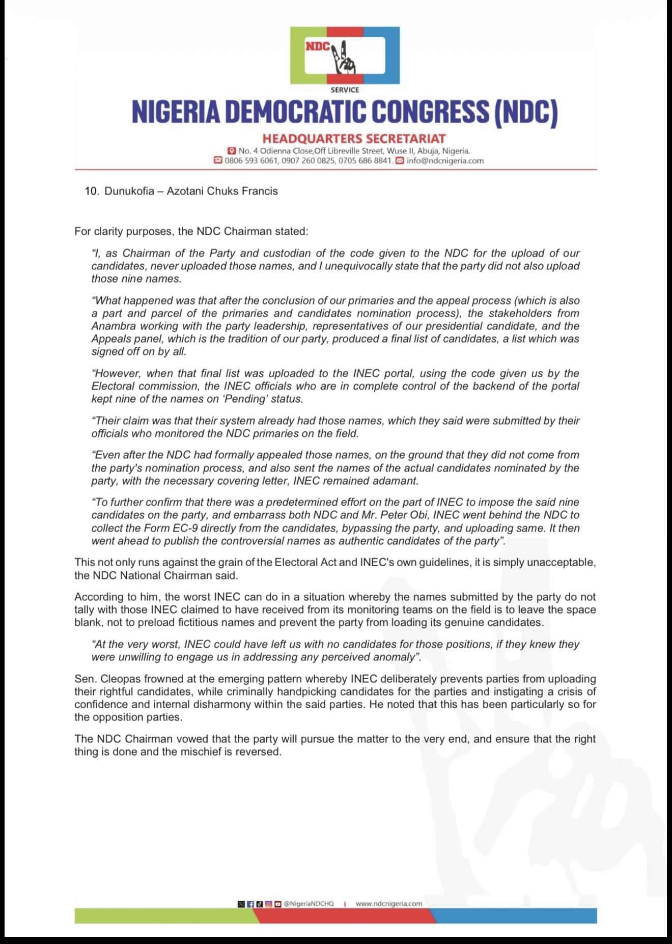 2027: NDC Accuses INEC Of Uploading Unknown Names As Party Candidates