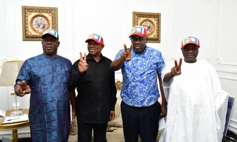L-R: NDC National Chairman, Moses Cleopas, NDC Presidential Candidate, Peter Obi, his running mate, Rabiu Kwankwaso and NDC National Leader, Seriake Dickson.