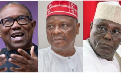 L-R: NDC presidential candidate, Peter Obi, NDC vice presidential candidate, Rabiu Kwankwaso and ADC presidential candidate, Atiku Abubakar