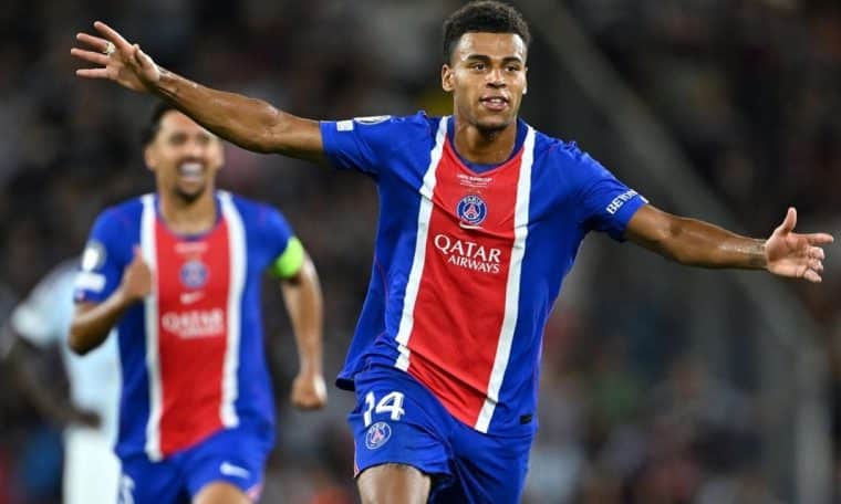 Desire Doue celebrates after scoring the match-winner against Aston Villa in the UEFA Super Cup.