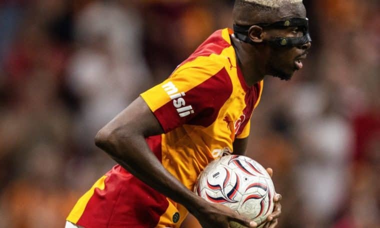 Victor Osimhen celebrates after scoring for Galatasaray.