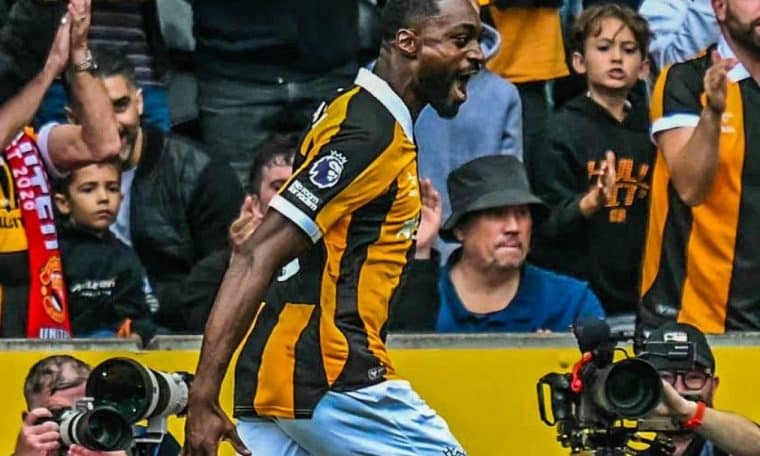 Semi Ajayi celebrates after scoring for Hull City during their Premier League opener against Manchester United on Saturday, August 22.