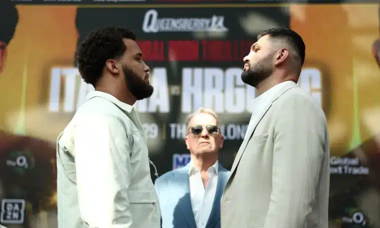 Moses Itauma and Filip Hrgović during their face-off ahead of their Saturday's bout.