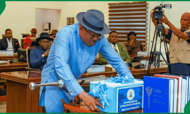 File: Governor of Rivers State, His Excellency Sir Siminalayi Fubara laying the 2026 Appropriation Bill before the Rivers State House of Assembly in July. Photo Dennis Naku