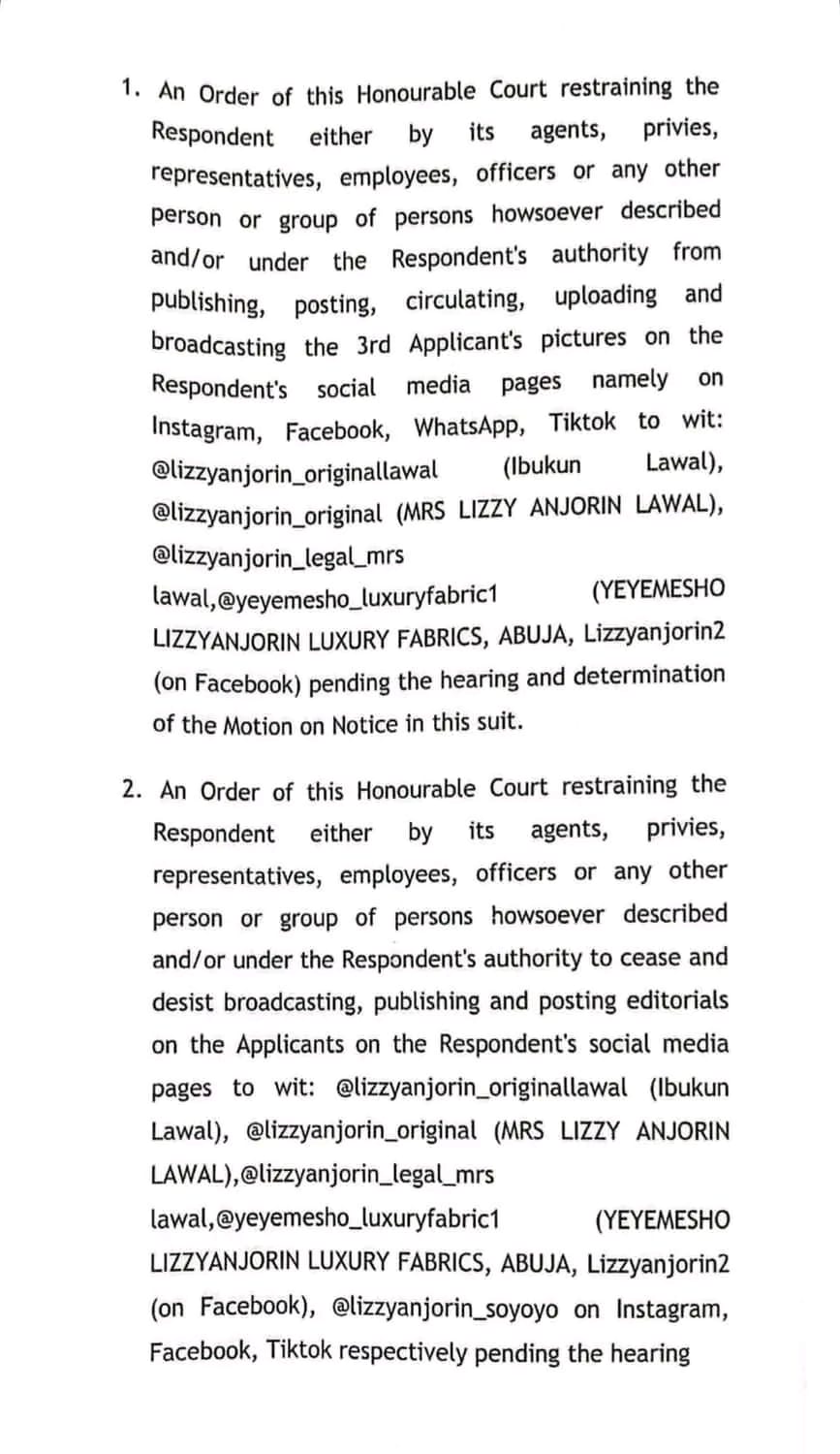 Court Bars Lizzy Anjorin From Posting Photos, Content About Priscilla Ojo, Husband And Son