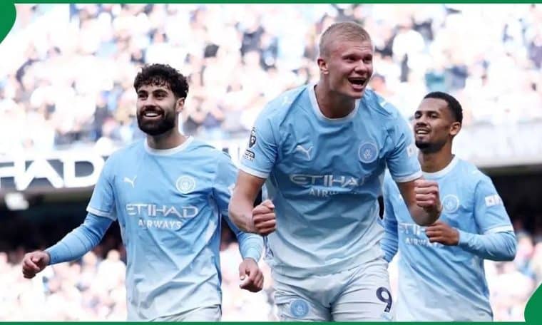 Erling Haaland leads Manchester City players to celebrate his goal against Coventry City on September 5, 2026.