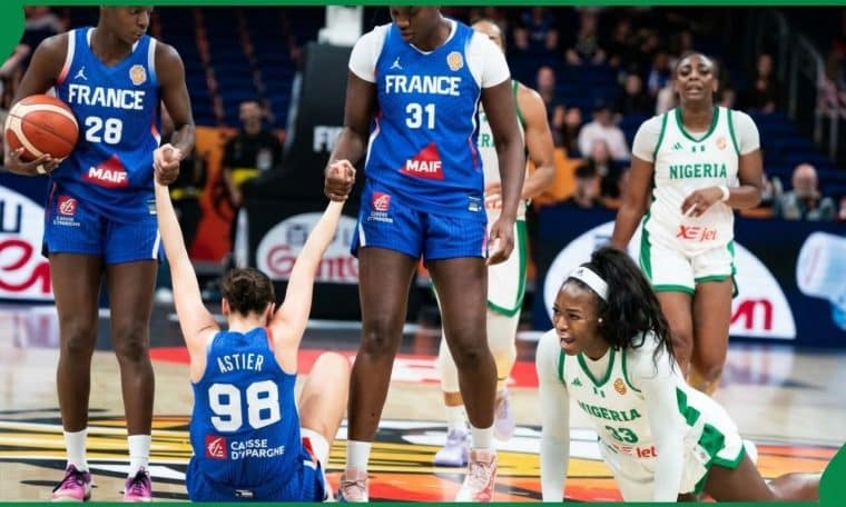 D'Tigress of Nigeria players in action against France in the 2026 Women's Basketball World Cup.