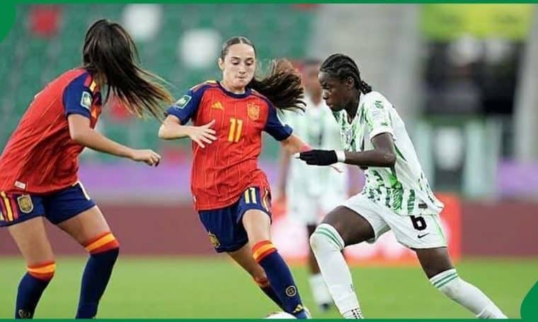 Falconets of Nigeria in action against Spain at the 2026 U-20 World Cup.