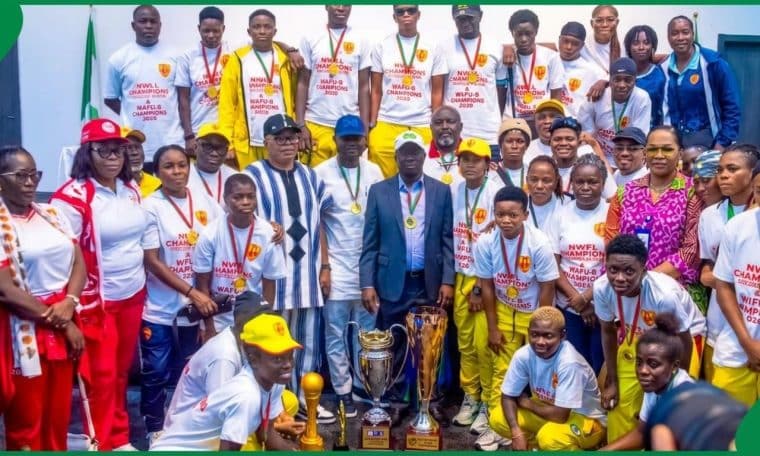 Edo Queens posing with Edo State Governor, Monday Okpebholo, after winning the 2026 WAFU B Championship.