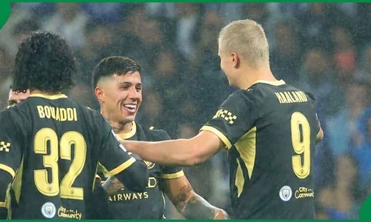 Enzo Fernández celebrating with Erling Haaland during their Champions League win over Porto on Tuesday, September 8.
