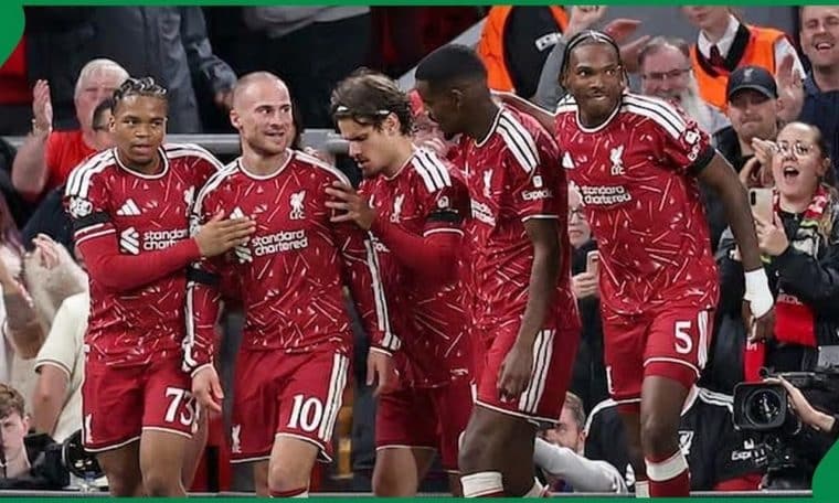 Liverpool players celebrate their win over Napoli.
