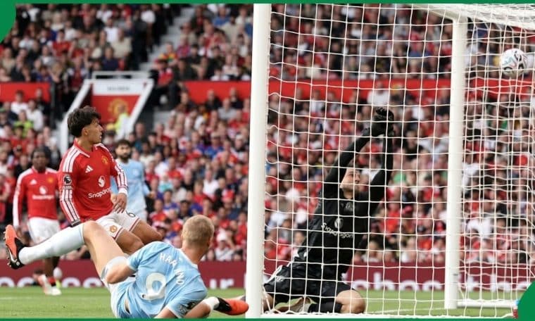 Manchester City's Erling Haaland in action against Manchester United.