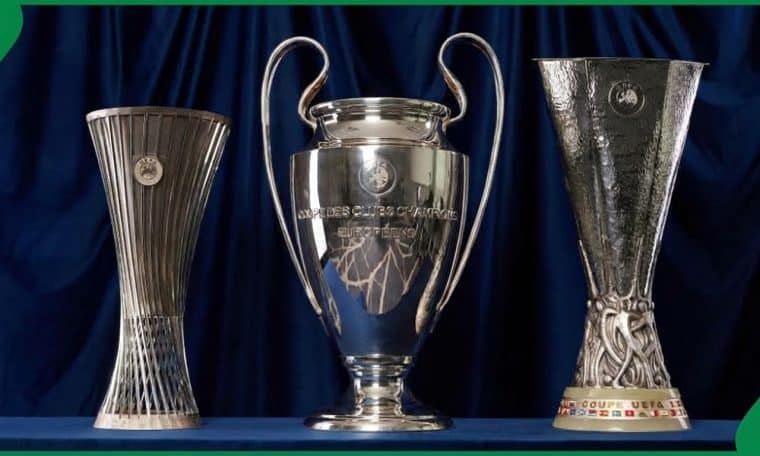 L-R: UEFA Conference League, Champions League, and Europa League trophies.