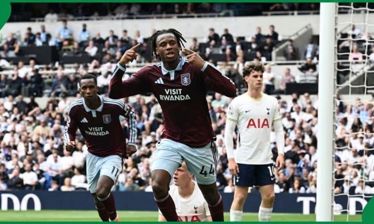Aston Villa's Johan Manzambi celebrates his Premier League goal against Tottenham