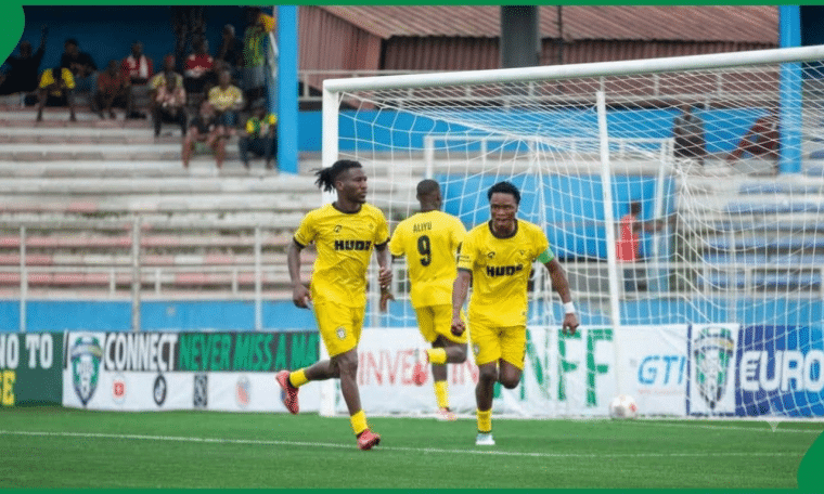 Sporting Lagos players celebrate a goal against Enyimba during their NPFL clash on Wednesday, September 23.