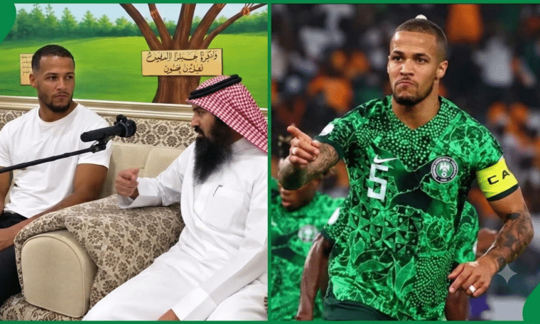 William Troost-Ekong during an Islamic programme in Qatar and file photo of him celebrating a goal in the colours of the Super Eagles.