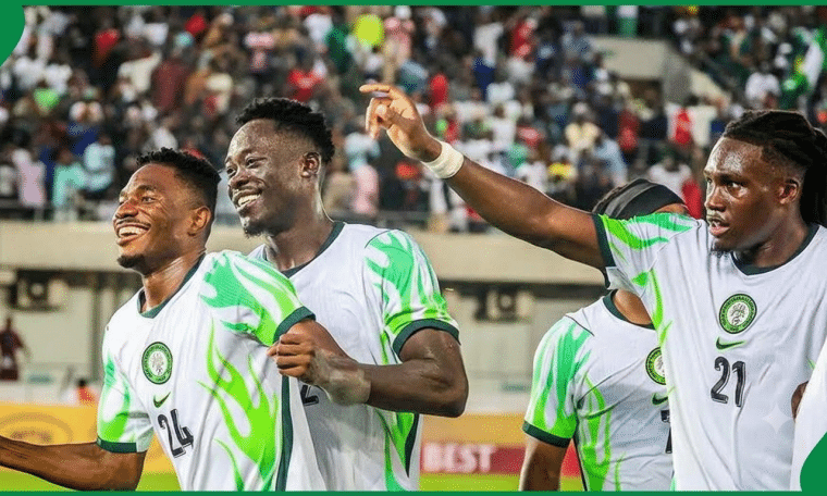 Super Eagles of Nigeria players celebrate their win over Madagascar on September 25.