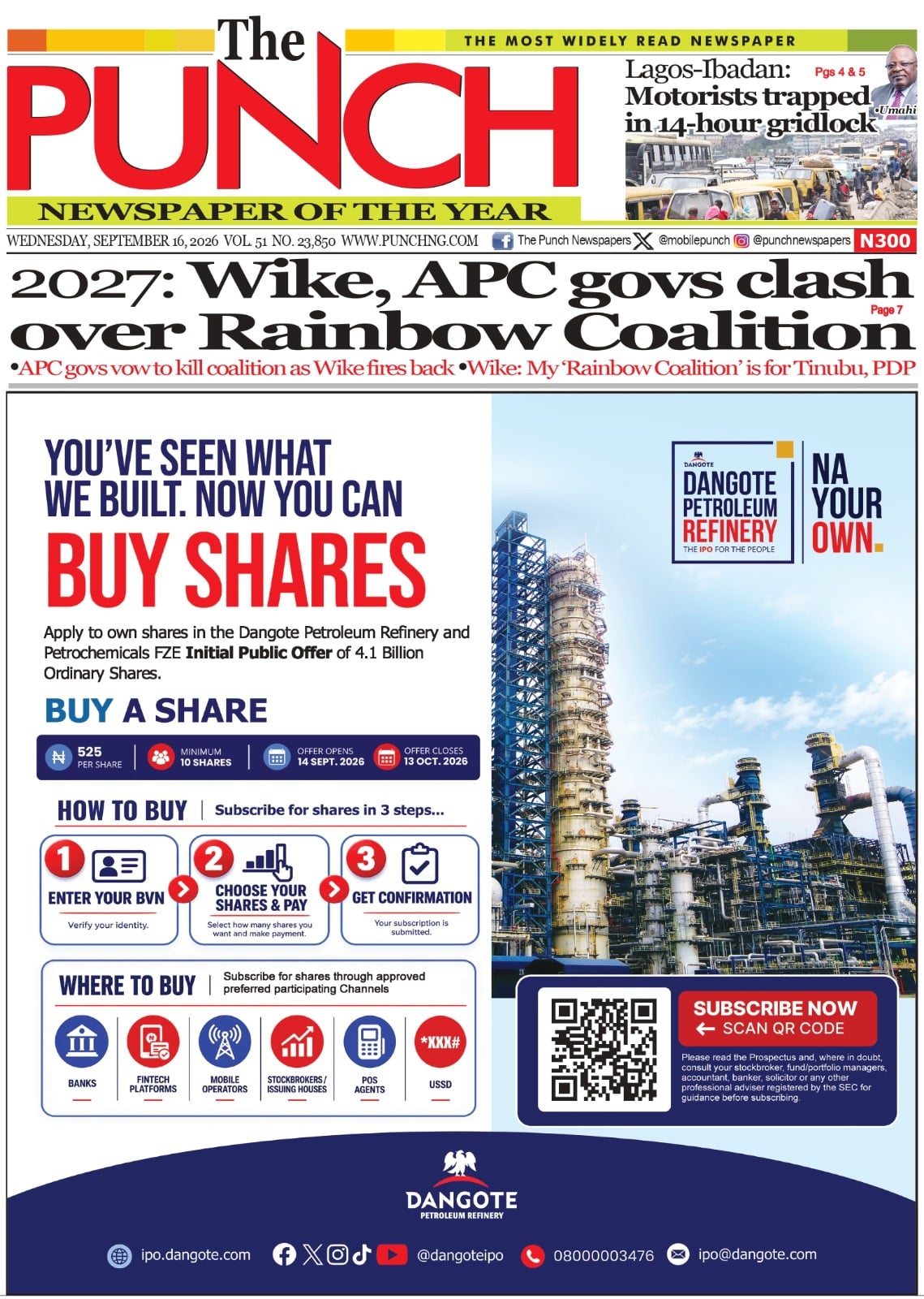 Nigerian Newspapers Daily Front Pages Review | Wednesday, 16th September, 2026