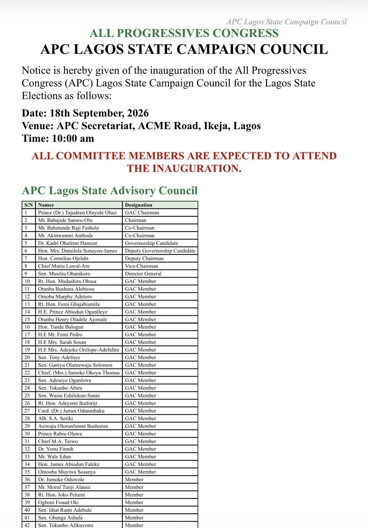 2027: Gbajabiamila, Ambode, Sanwo-Olu, Others Listed In Lagos APC Campaign Council (Full List)