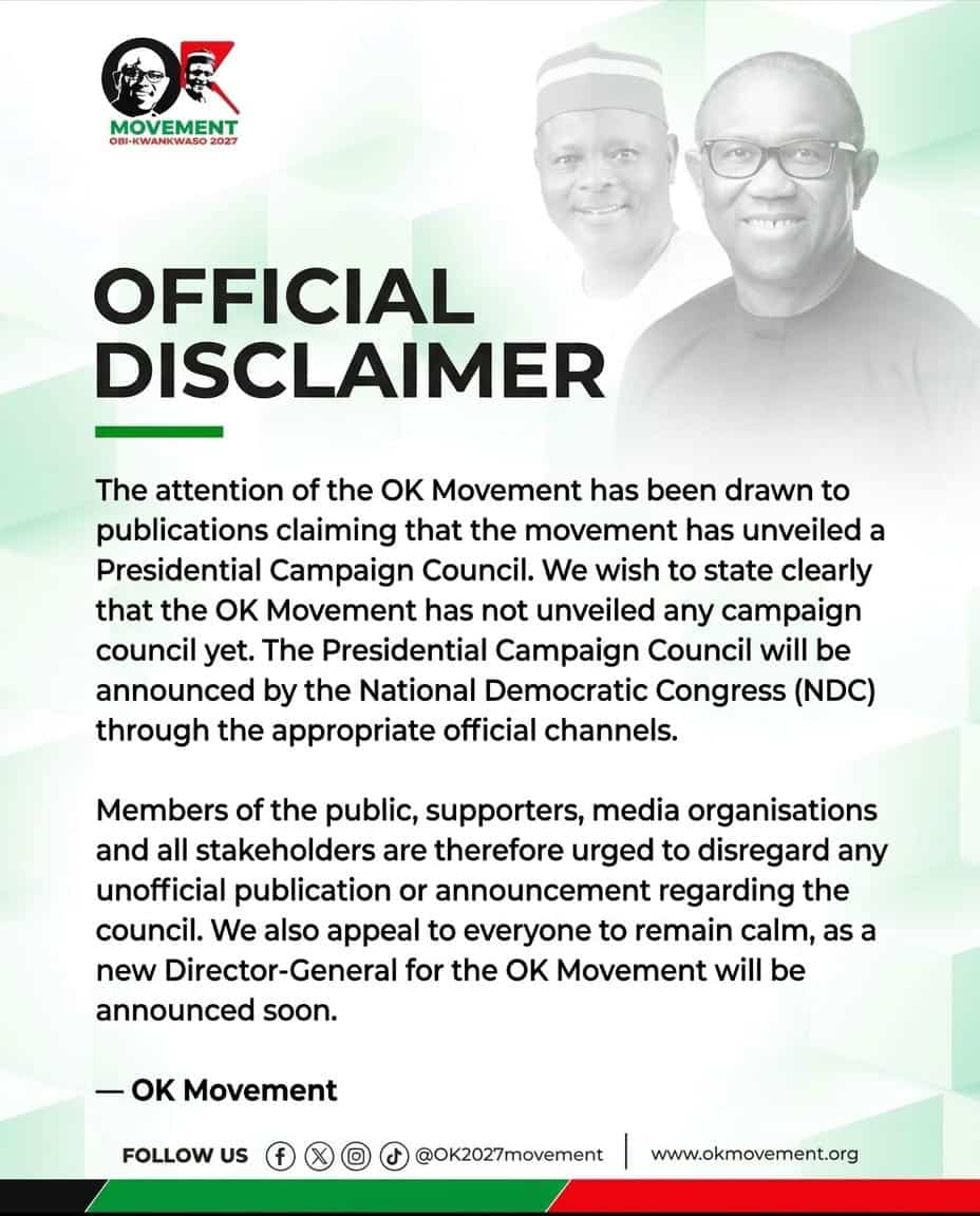 OK Movement Debunks Presidential Campaign Council List, To Announce New DG