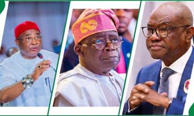 L-R: Imo State Governor and Chairman of the Progressive Governors Forum, Hope Uzodimma - President Bola Tinubu and FCT Minister Nyesom Wike