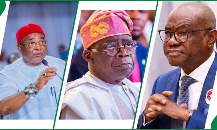 L-R: Imo State Governor and Chairman of the Progressive Governors Forum, Hope Uzodimma - President Bola Tinubu and FCT Minister Nyesom Wike