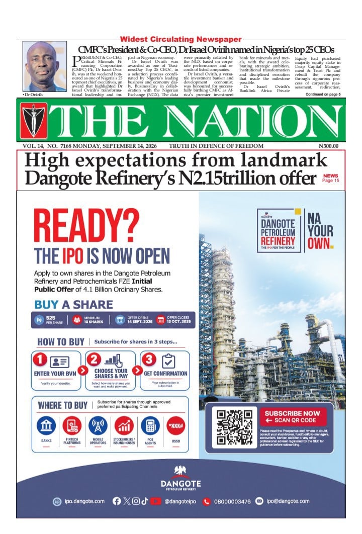 Nigerian Newspapers Daily Front Pages Review | Monday, 14th September, 2026