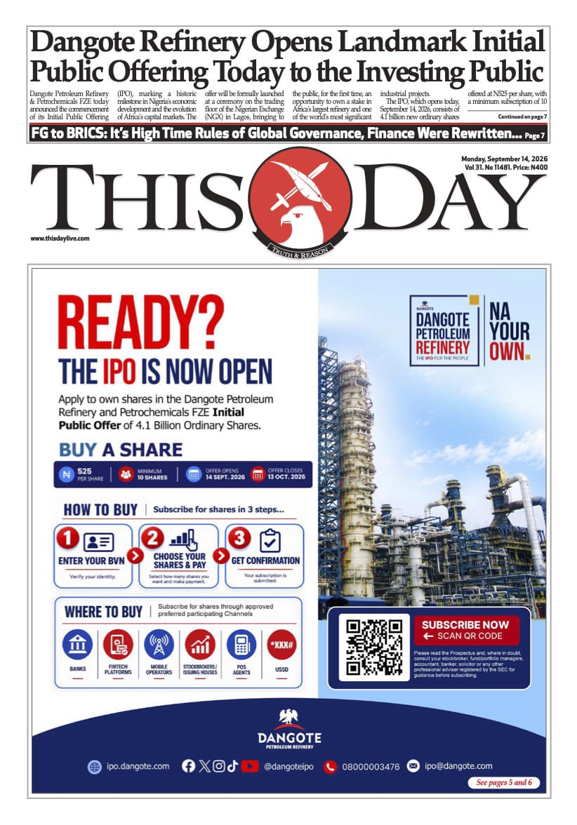 Nigerian Newspapers Daily Front Pages Review | Monday, 14th September, 2026