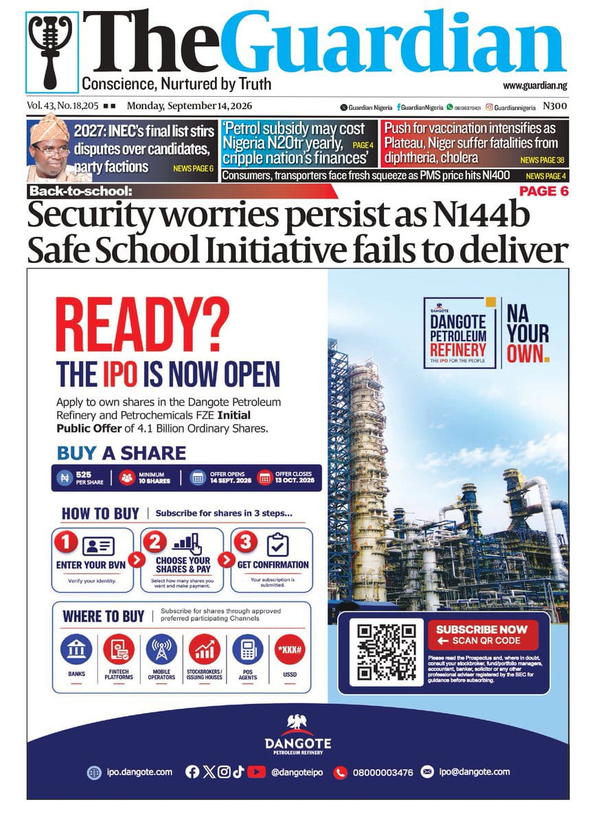 Nigerian Newspapers Daily Front Pages Review | Monday, 14th September, 2026
