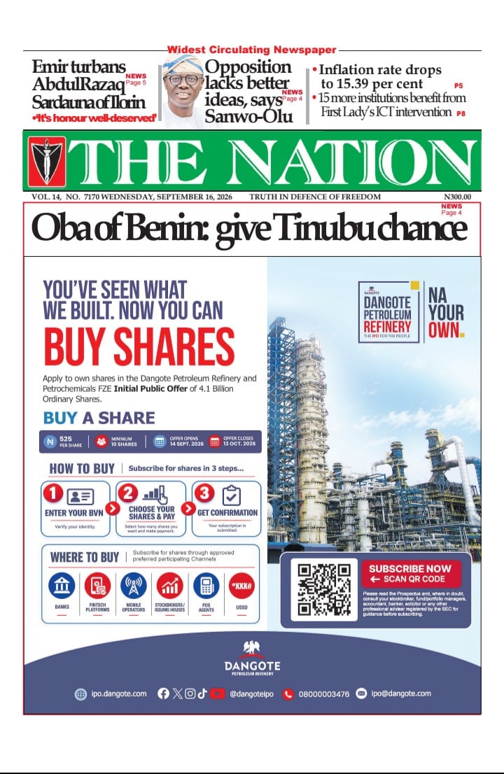 Nigerian Newspapers Daily Front Pages Review | Wednesday, 16th September, 2026