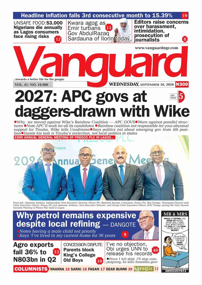 Nigerian Newspapers Daily Front Pages Review | Wednesday, 16th September, 2026