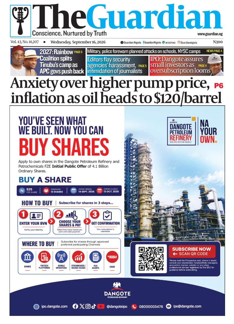 Nigerian Newspapers Daily Front Pages Review | Wednesday, 16th September, 2026