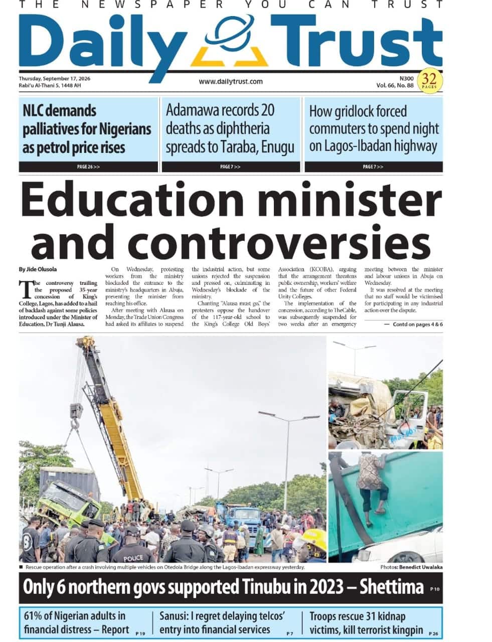 Nigerian Newspapers Daily Front Pages Review | Thursday, 17th September, 2026