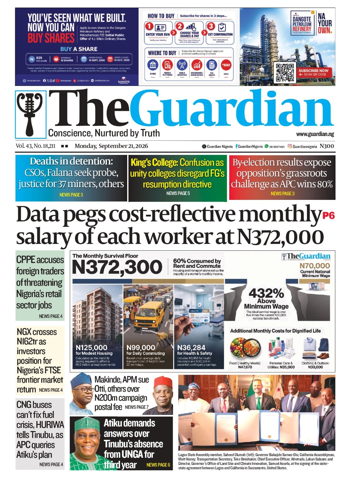 Nigerian Newspapers Daily Front Pages Review | Monday, 21st September, 2026