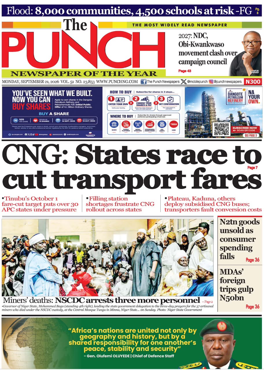 Nigerian Newspapers Daily Front Pages Review | Monday, 21st September, 2026