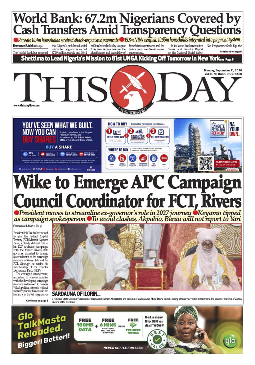 Nigerian Newspapers Daily Front Pages Review | Monday, 21st September, 2026