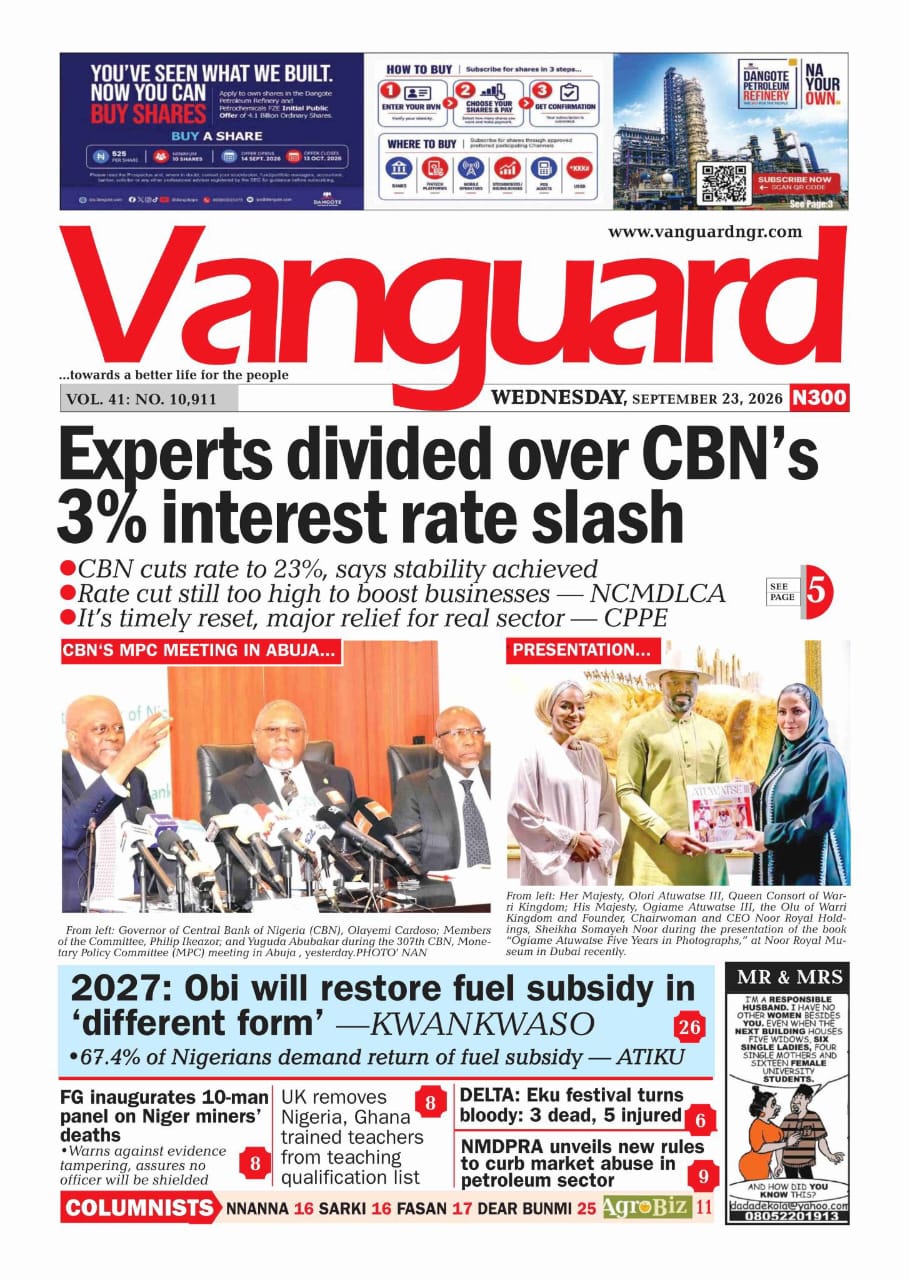 Nigerian Newspapers Daily Front Pages Review | Wednesday, 23rd September, 2026
