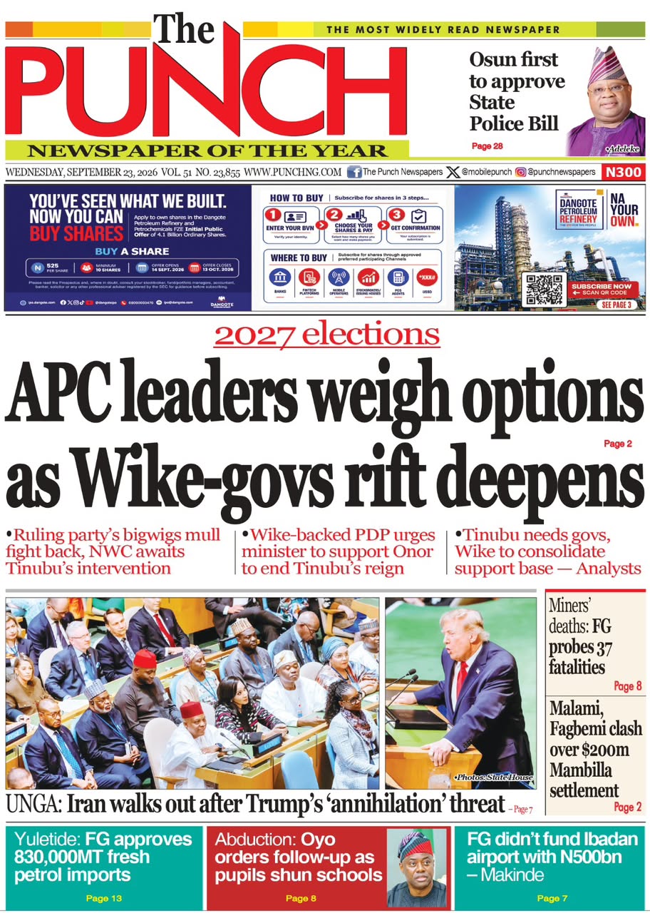Nigerian Newspapers Daily Front Pages Review | Wednesday, 23rd September, 2026