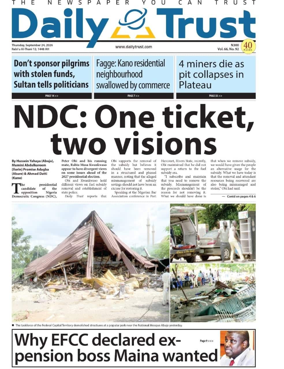 Nigerian Newspapers Daily Front Pages Review | Thursday, 24th September, 2026