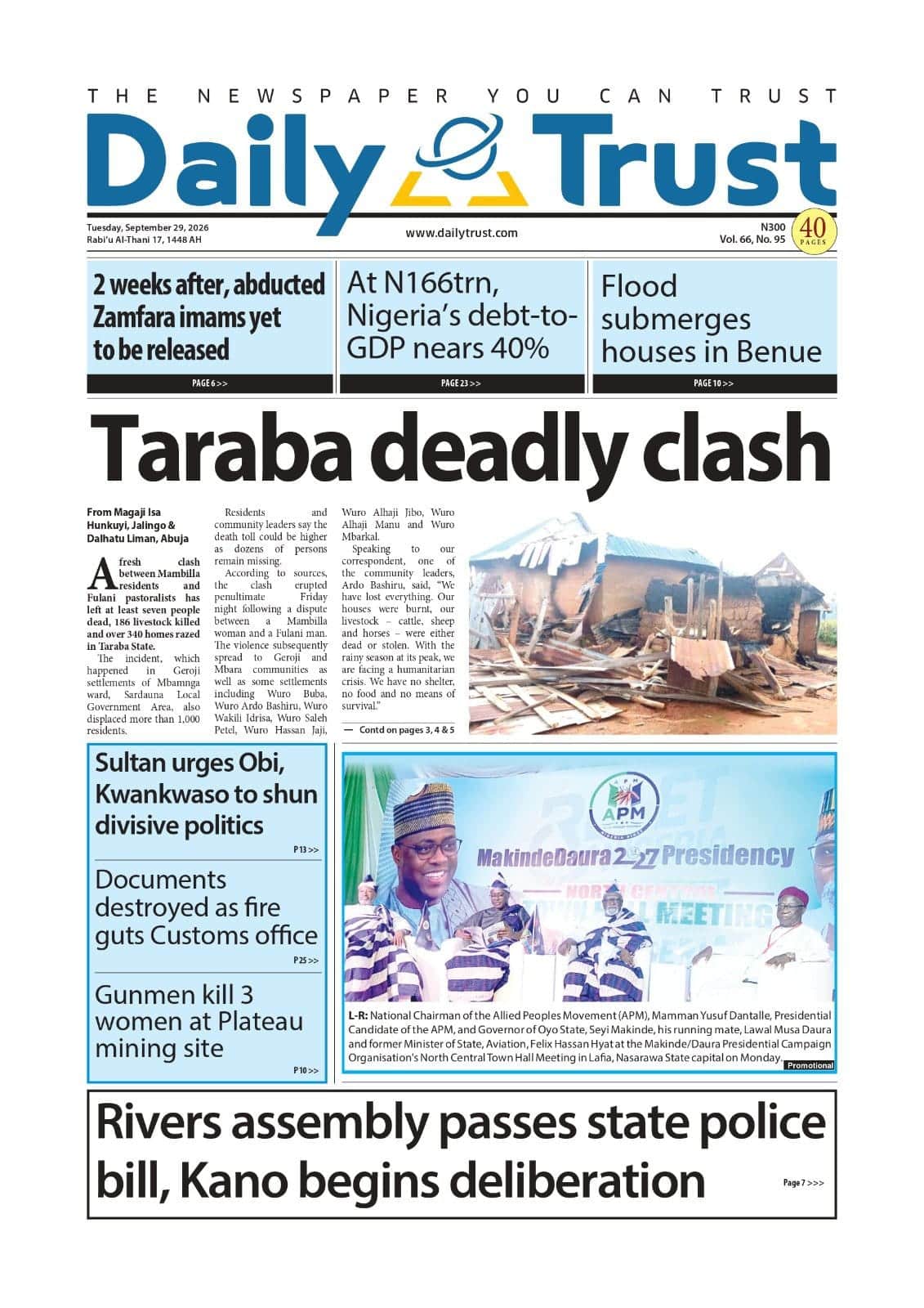 Nigerian Newspapers Daily Front Pages Review | Tuesday, 29th September, 2026