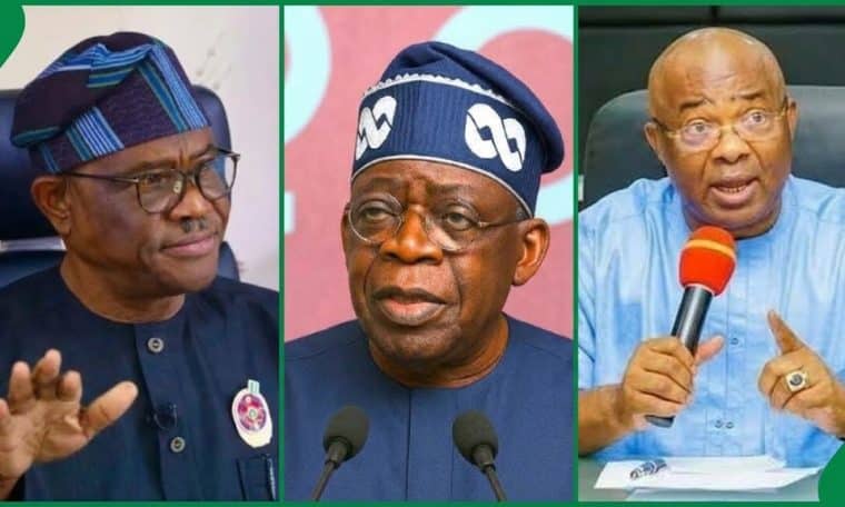 L-R FCT Minister, Nyesom Wike, Bola Tinubu and Hope Uzodimma