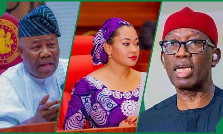 L-R Godswill Akpabio, Natsha Akpoti and Ifeanyi Okowa