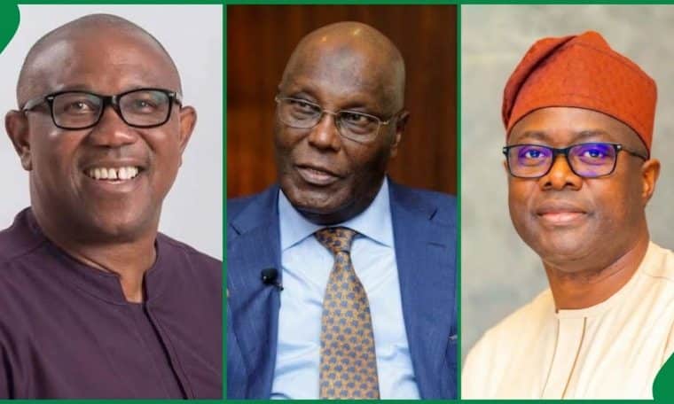 L-R Presidential Candidates Peter Obi, Atiku Abubakar and Seyi Makinde