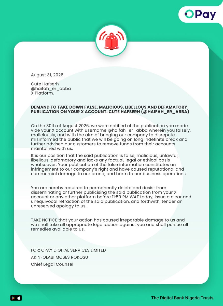 Opay Threatens Legal Action Against 𝕏 User Behind Shutdown Report