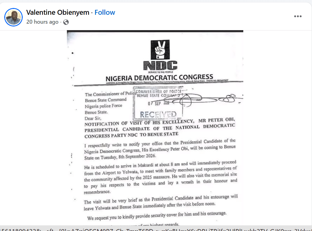 Fresh Twist As Letter Shows Benue Police Knew About Peter Obi’s Visit