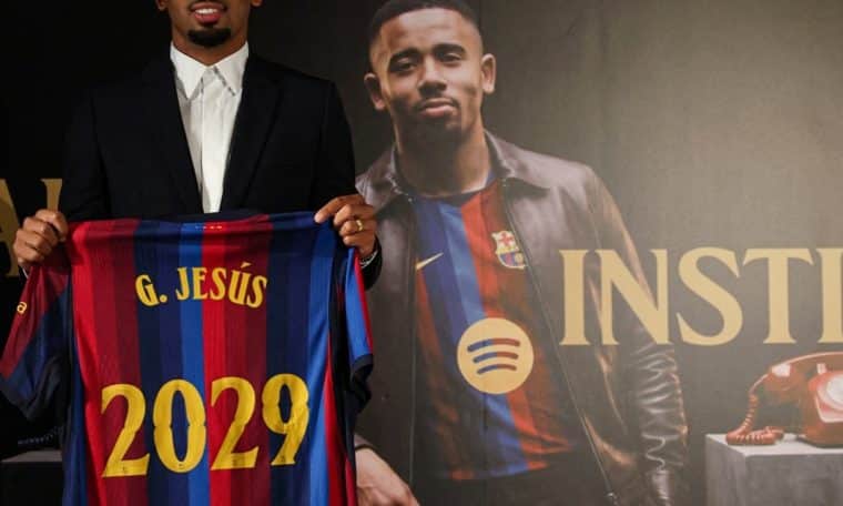 Gabriel Jesus during his unveiling as a Barcelona player.