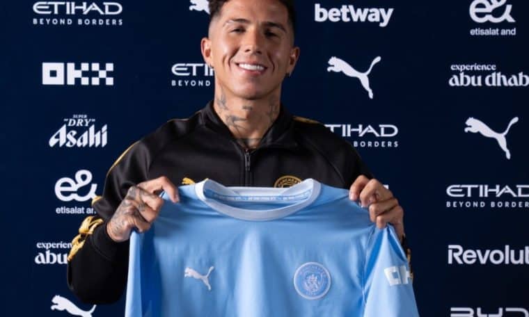 Enzo Fernandez during his unveiling at Manchester City.