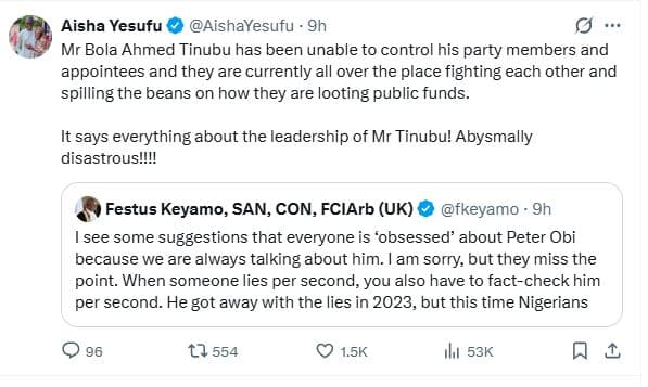 APC Members, Tinubu’s Appointees Fighting Over Looted Public Funds – Aisha Yesufu