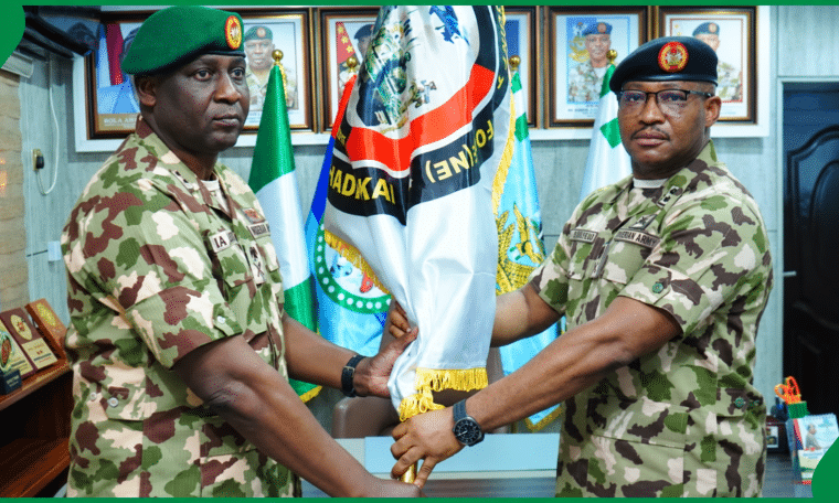 Major General Ibikunle Ajose (L) takes over from Major General Abdulsalam Abubakar (R) as Operation Hadin Kai Commander